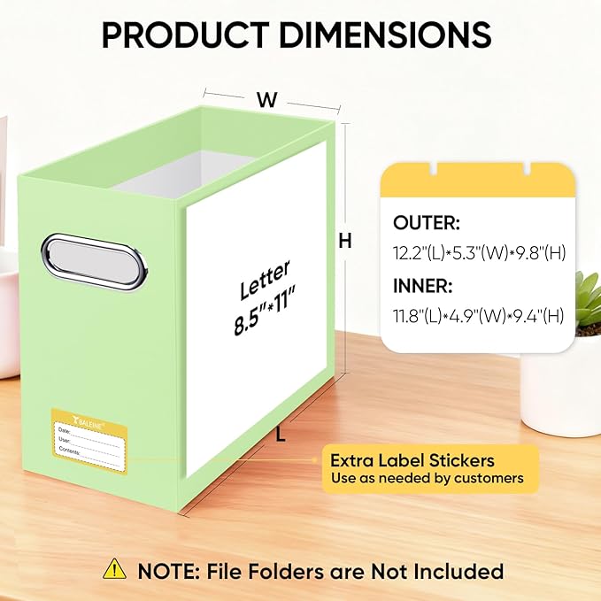 BALEINE File Organizer Box, Cardboard File Folder Organizer with Handle for Letter Size, Portable Collapsible Hanging Filing Box for Home Office Document Storage (2 Pack, Green)