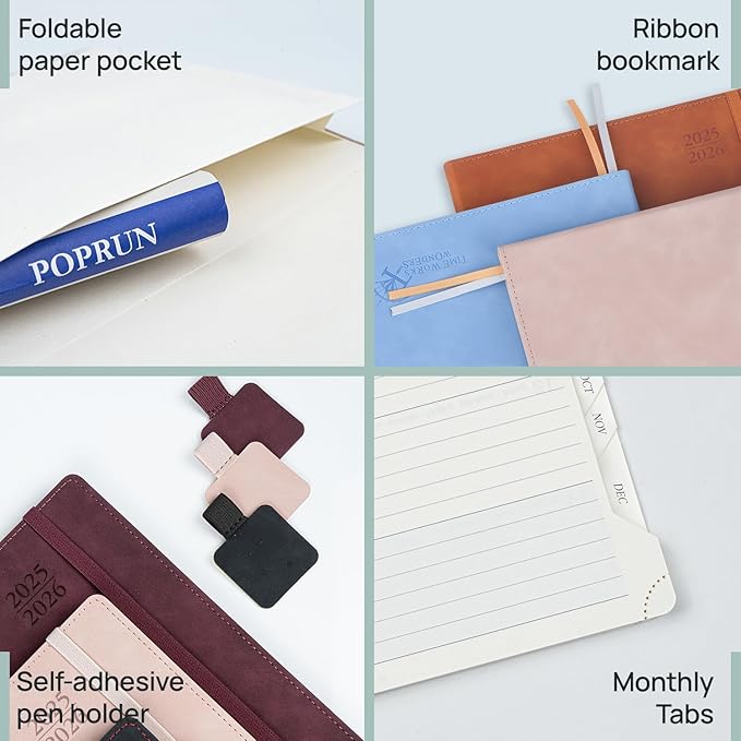 POPRUN Weekly Planner 2025-2026 (Large 8.5''x 10.5'') Academic Calendar (JUL.25 - JUN.26) Appointment Book with Monthly Tabs, Leather Soft Cover, Inner Pocket, 100 GSM - Cerulean Blue