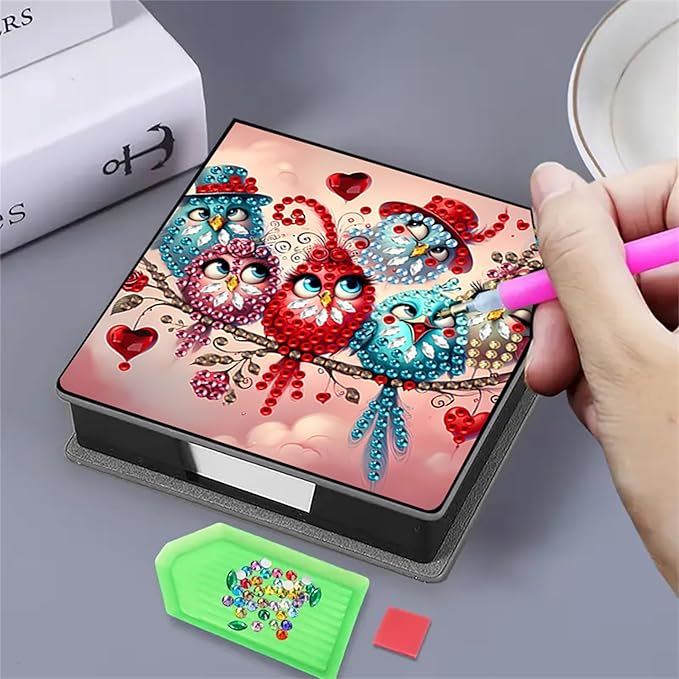 Bird Diamond Painting Note Box Memo Pad Holder, Diamond Art Sticky Notes Organizer for Desk, Aesthetic Stationery Storage Case for Office,School Supplies (Bird2)