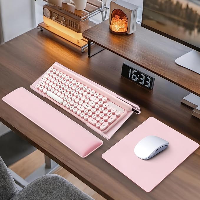 Computer Keyboard Wrist Rest Bracket, Memory Foam Keyboard Wrist Rest Set, Non-Slip Silicone Base, pergonomic and Convenient Typing, ain Relief,Suitable for Office, Work, Gaming (Pink)