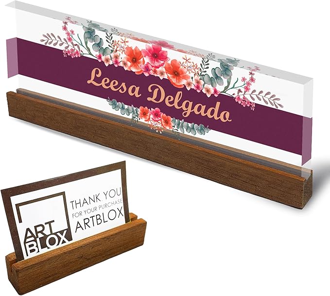 Artblox Personalized Office Desk Name Plate and Business Card Holder | Clear Acrylic Glass with Teak Wood Stand | Wild Flowers Design Customized with Your Name and Credentials Office Desk Decor