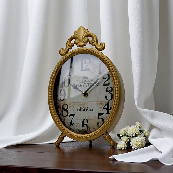 Vintage Gold Table Clock, Retro Oval Desk Clock with Romanesque Frame, Silent Non-Ticking Decorative Clock for Living Room Bedroom Office, Elegant Gift for Home Décor Lovers