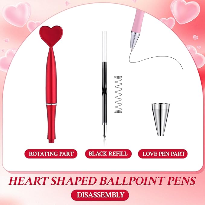Crtiin 50 Pcs Valentine's Day Heart Shaped Pens Bulk Black Gel Ink Novelty Valentine Party Favor 1.0 mm Heart Ballpoint Pens for Men Women Office Valentine's Day Wedding Party Supply (Red Pink)