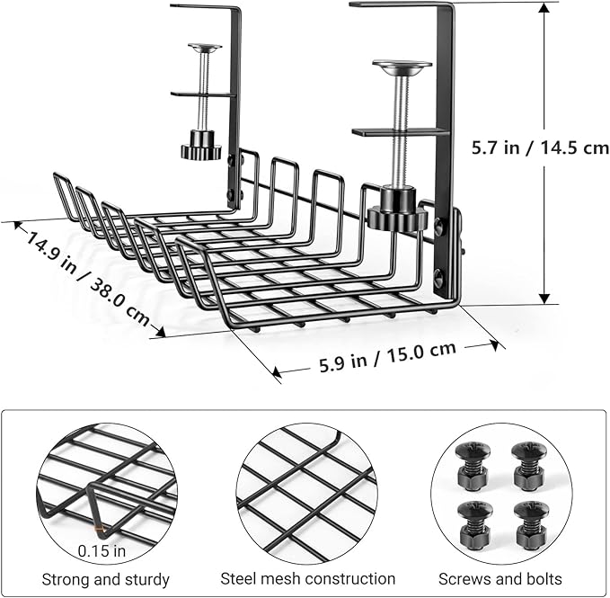 Under Desk Cable Management Tray Organizer for Cord Wire Desk Table Rack No Drill Installation for Home Office Workstation PC Computer Desktop Laptop