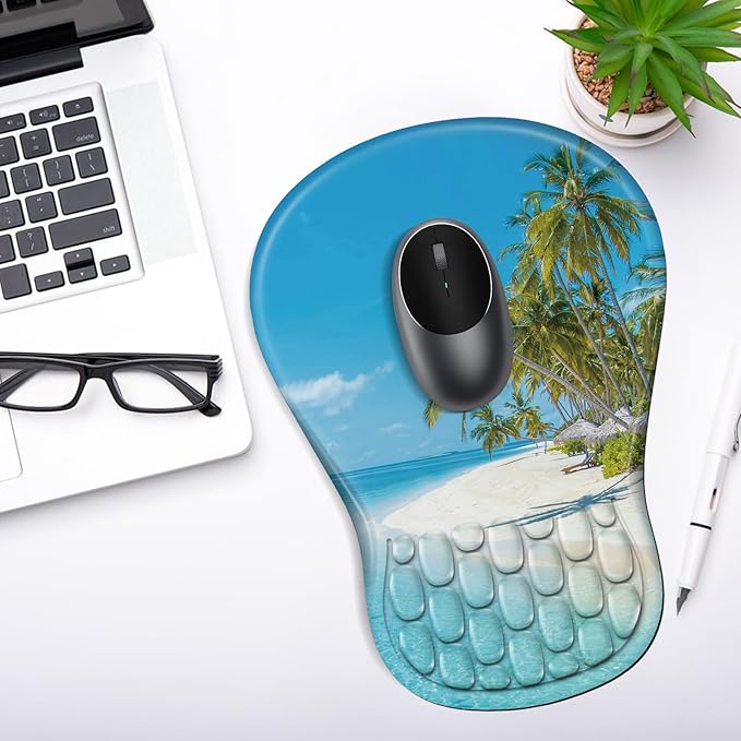 YIWEI Ergonomic Mouse Pad with Wrist Rest - Comfortable Office Mousepad with Memory Foam Wrist Support for Carpal Tunnel Relief, Mouse Pads with Non-Slip Base for Gaming and Home (Beach-2)