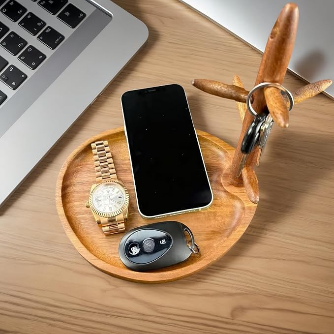 Solid Acacia Key Tray, Key Bowl for Entryway Table, Natural Catchall Tray with Key Holder Stand with 5 Hooks, Wooden Dish for Wallet, Watch, Jewelry Organizer