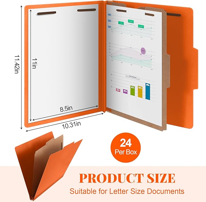 Skyygemm 24 Pcs Classification Folders Letter Size, 1 Divider Pressboard File Folder with Fasteners, Expanding File Organizer Bulk for Teachers, Clergy, Office, Church, Christmas Donations (Orange)