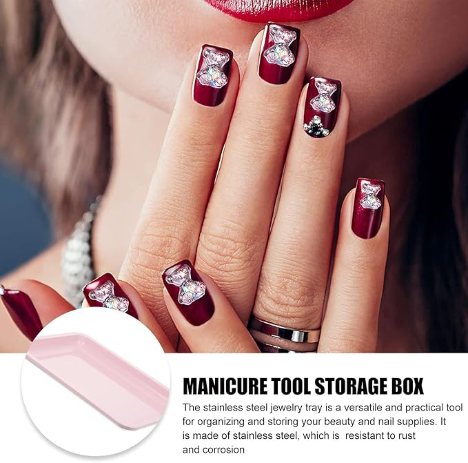 Stainless Steel Jewelry Storage Tray with Four Support Feet Stable and Spacious Trinket Plate Organizer for Nail Tools and Small Accessories Pink Decorative Catchall for Desktop