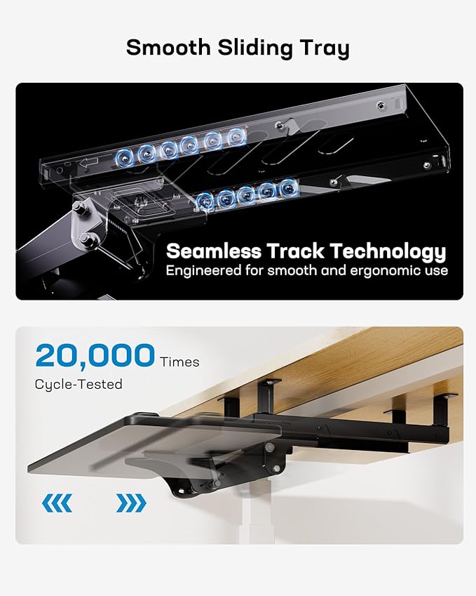 HUANUO Keyboard Tray Under Desk, Adjustable Ergonomic Keyboard & Mouse Tray, Flat Bottom Or Cross Beam Installation, Smooth Sliding Keyboard Holder for Typing in Home Office, Easy Setup, 25″W x 9.84″D