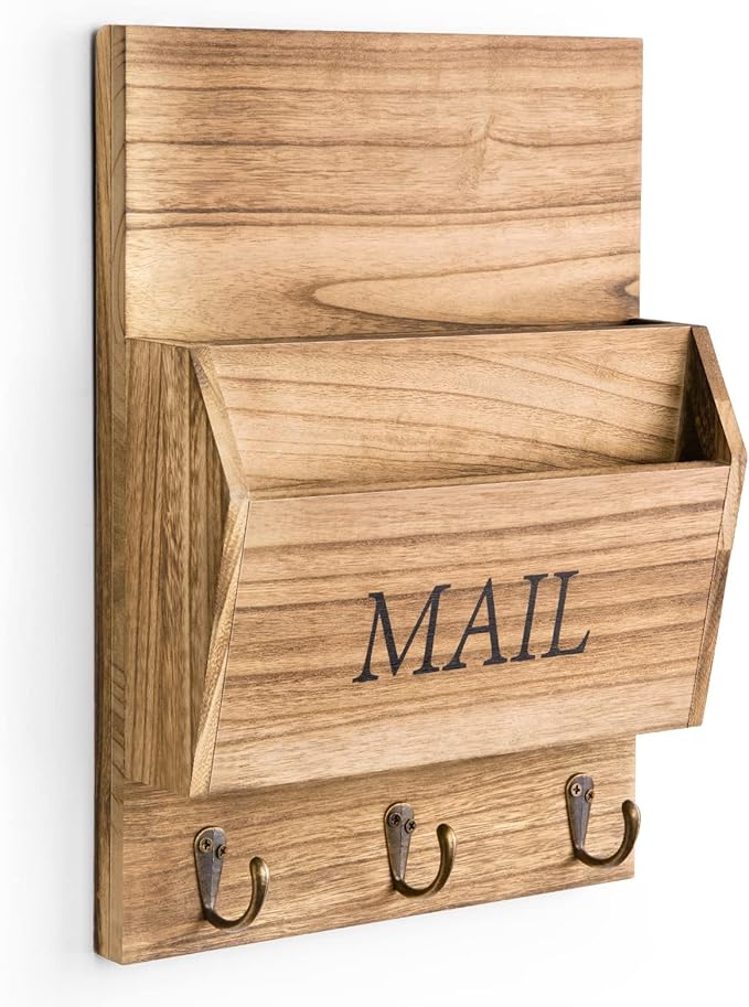 DLQuarts Mail Organizer with Key Holder for Wall Decorative Mail Sorter Wall Mounted, Wooden Mail Holder with 3 Hooks, Carbonized Brown