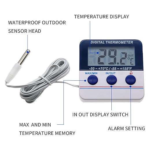 Fridge Thermometer Freezer Thermometer Digital Refrigerator Thermometer with Magnetic Attachment in-Outdoor Alarm Thermometer with Waterproof Outdoor Sensor for Home Kitchen (Model AMT-105)