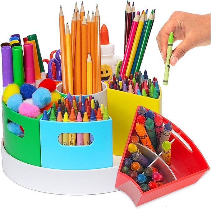 PUZZLE EZ Art Organizer for Kids Crayons Organizing and Storage - Lazy Susan School Art Supplies Caddy for Classroom | Rotating Kids Desk Organizer | Stationary Holder for Teachers & Students