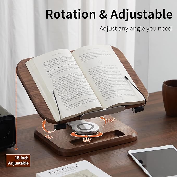 Book Stand for Reading, Mayhas Adjustable Book Holder with 360° Swivel Base&Page Clips, Foldable Desktop Stand for Cookbook, Fits All Books (Walnut, Wood Base)