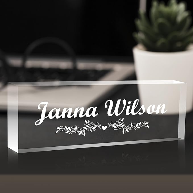 Premium Clear Engraved Acrylic Name Plate for Desk - Personalized Office Decor for Women or Men, Coworkers, Boss, Employee, Teacher (Engraved 2)