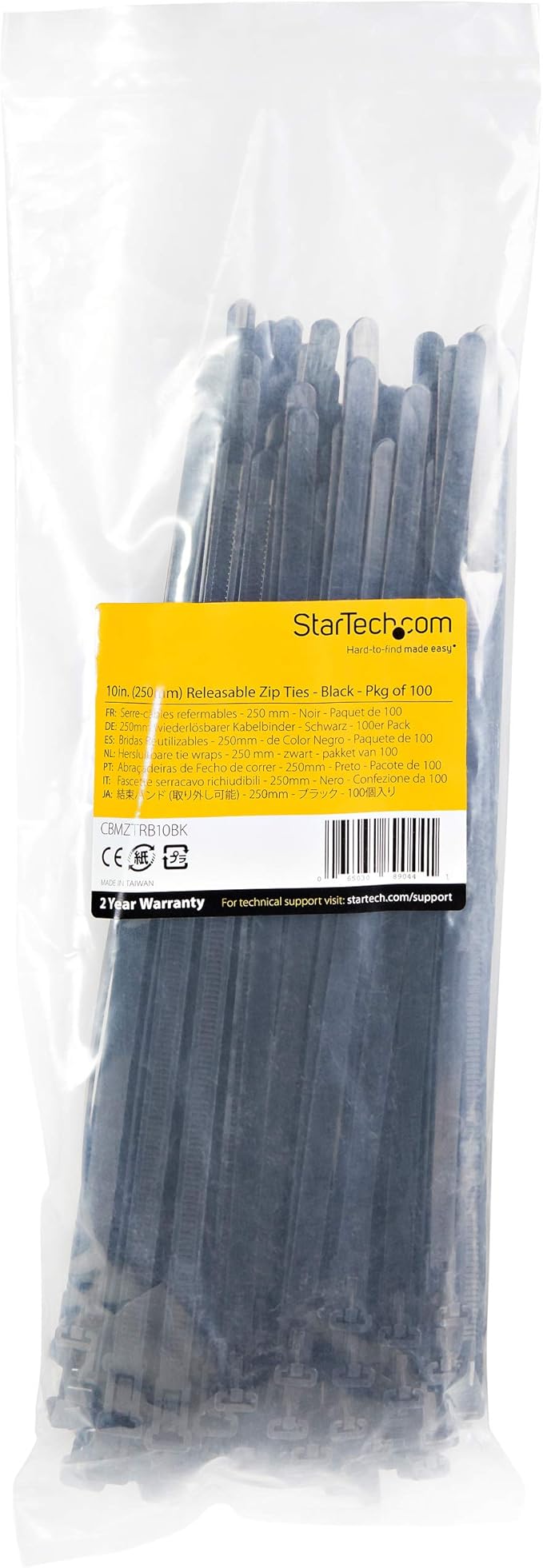 StarTech.com 10"(25cm) Reusable Cable Ties - 1/4"(7mm) Wide, 2-1/2"(65mm) Bundle Dia. 50lb(22kg) Tensile Strength, Releasable Nylon Ties, Indoor/Outdoor, 94V-2/UL Listed, 100 Pack - Black, TAA