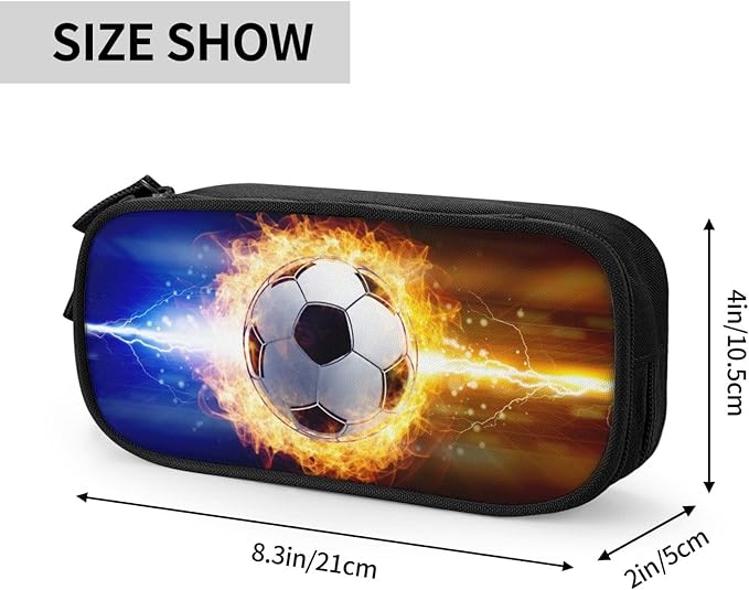 Kids Pencil Case for Boys, Large Capacity Pencil Box Storage Pen Bag with Zippers, Sports-Themed Black Pencil Pouch Stationery Case Printed Soccer Pattern for Office School