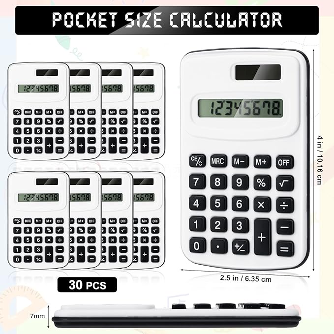 Treela 30 Pcs Pocket Size Calculator for Students Bulk Mini Handheld Cute Basic Standard with Button Battery 8 Digit Display Desktop Calculator for Office, School(Simple Color)