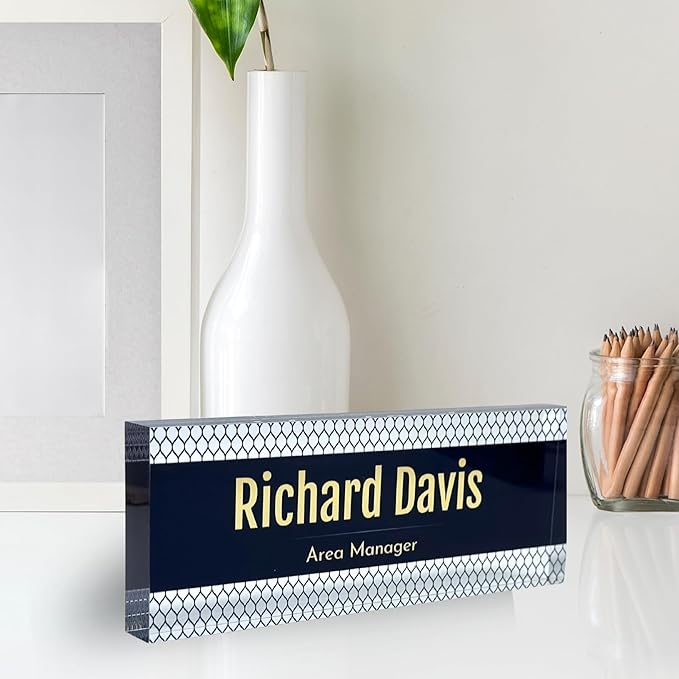 Customized Clear Acrylic Thick 8x3" Desk Name Plate Block with Personalized Logo - Professional Office Decor - Customized Acrylic Plate Gift for Teacher Co-workers, Christmas Gifts for Her, Thanksgiving Gifts (Elegant Navy)