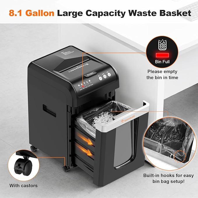 Bonsaii Paper Shredder Heavy Duty, 200-Sheet Auto Feed Micro-Cut 60 Minutes Nonstop P-4 High Security Shredders, 8.1 Gallon Large Bin Document Shredder for Office, Commercial Grade Shredder (C283-A)