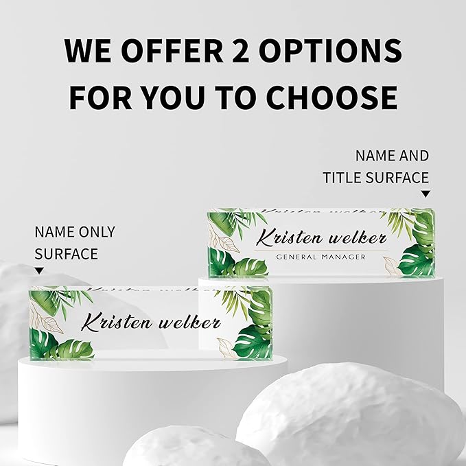 Desk Name Plate Personalized, Custom Name Plates for Desks, Office Desk Decor, Green Leaf Clear Acrylic Glass Block, Personalized Office Gifts for Women Men Boss Teachers Coworkers Appreciation Gifts