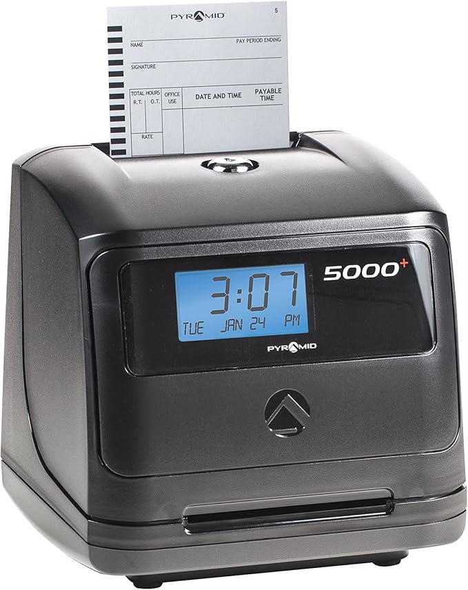 Pyramid Time Systems - Model 5000 Auto Totaling Time Clock, Employee in/Out Time Tracker for Small Business, Includes: 25 Time Cards,1 Ink Ribbon Cartridge, 2 Security Keys and User Guide - Black