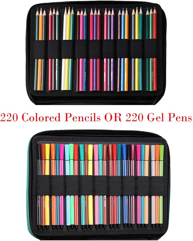 BOMKEE Coloring Pencil Case 220 Slots Pencils/Gel Pens Organizer Waterproof Travel Case Zipper Carrying Portable Pencil Markers Pen Holder Bag for Painter Writers