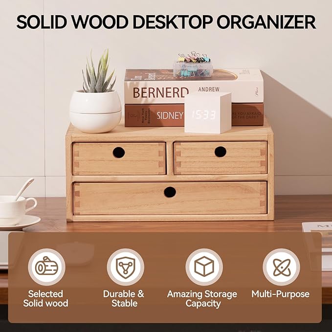 Kirigen Natural Wooden Desktop Organizer - Office Supplies Filing Tidy Storage Shelf - Storage Cabinet/Jewelry Organizer with 3 Drawers (NA, 2-Layer &3 Drawers)