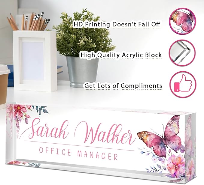SalaGraphics Desk Name Plate Personalized, Custom for Desk, Office Decor Women Men, Acrylic Accessories, Gifts Coworkers Boss Teacher, Employee Appreciation (Pink Orchids), 8”(L)x2.5(W)