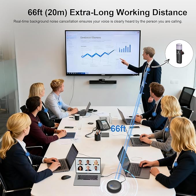 BALILA CM100 Conference Speaker and Microphone, 10 AI Mics 360° 65ft (20m) Voice Pickup, Noise Reduction, USB Speakerphone for 16 People,Fit for Video Conference Calls, multi-Platforms Zoom & MS Teams