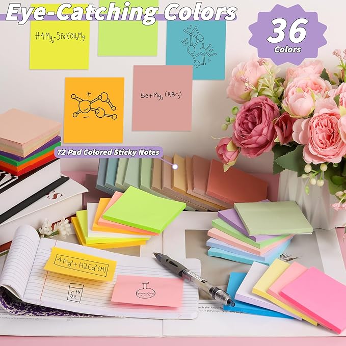 72 Pack Sticky Notes Bulk 3 x 3 in Self-Stick Note Pads Colorful Posted Note in 32 Colors Adhesive Paper Memo 50 Sheets/Pad Easy to Post for Office Home School Meetings Notebook Wall Door Window
