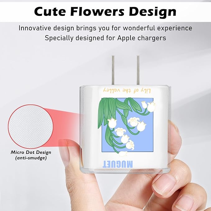 Lovely DIY Cable Protector for iPhone 18W/20W Charger,Cute Muguet Flowers Design Transparent Data Line Cable Saver, Phone Charging Protector for Apple Charger Case