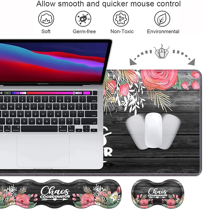 Ergonomic Keyboard Wrist Rest & Mouse Pad Wrist Rest Set,Large XXL Gaming Desk Mat 31.5"x 11.8",Non-Slip Base,Memory Foam,Easy Typing Pain Relief, Chaos Coordinator Quotes Colored Floral Wreath Print