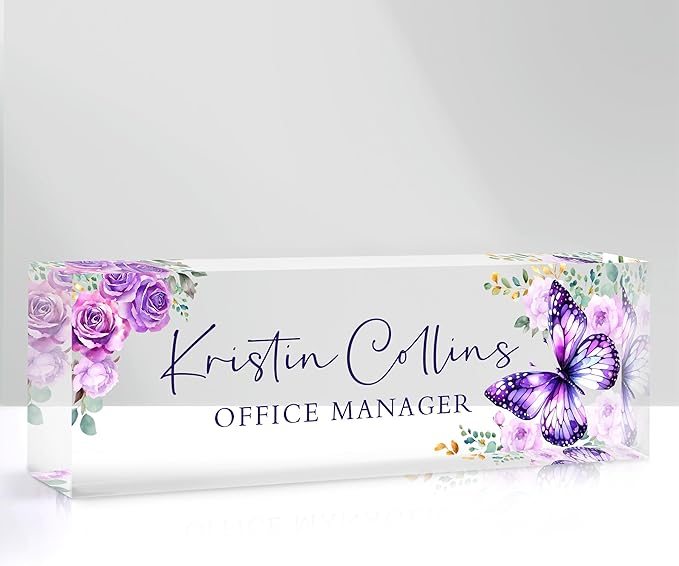 Custom Name Plate for Desk, Personalized Desk Name Plate on Clear Acrylic Glass, Appreciation Gifts for Teacher Employee Boss Coworkers Nurse, Office Desk Accessories for Women Men (Amethyst)