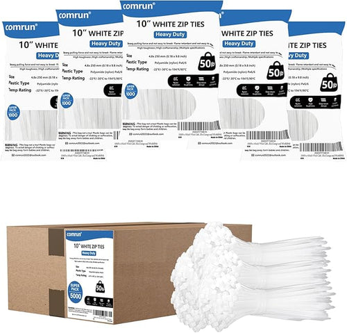 5000pcs 10Inch White Cable Tie,Nylon Zip Ties,Industrial Grade,50 Pounds Tensile Strength,UV Resistant,Heavy Duty,for Home,Garden Trellis,Office,Garage and Workshop