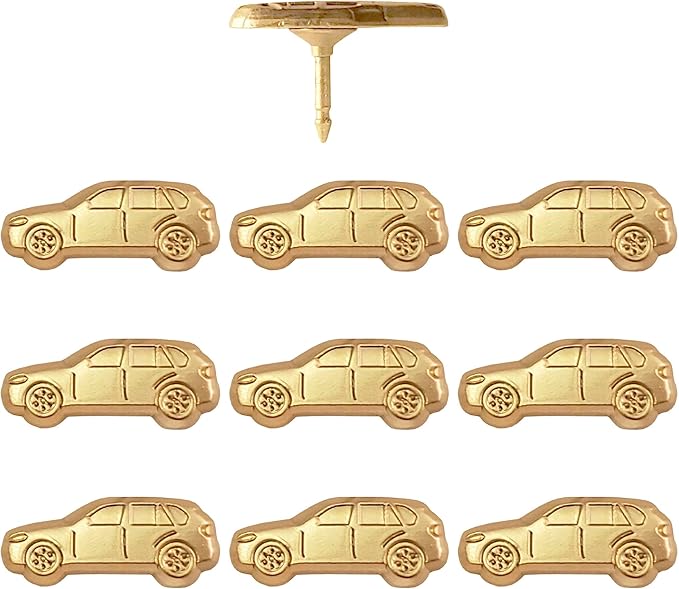 Car Push Pins - Gold Car Pins - for Cork Board, Maps, or Lapel Pin Use - Designed in USA - Set of 10