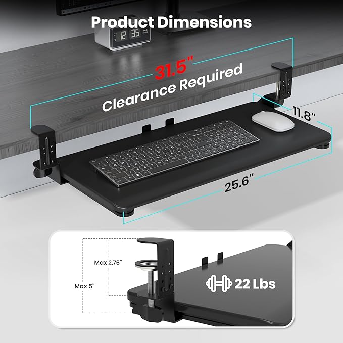 Keyboard Tray Under Desk, Pull Out Keyboard & Mouse Tray with Adjustable C-clamp, 25.6(31.5 Including Clamps) x 11.8 Inch Slide Out Computer Keyboard Drawer Mouse Tray for Typing, Black