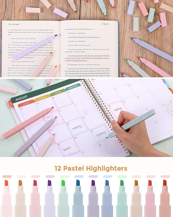 SKYDUE Cute School Supplies 38 PCS, Pencil Case with 12 Pastel Highlighters, 5 Black Gel Pens, Mechanical Pencils, College Essentials Students Stationary Set Pink