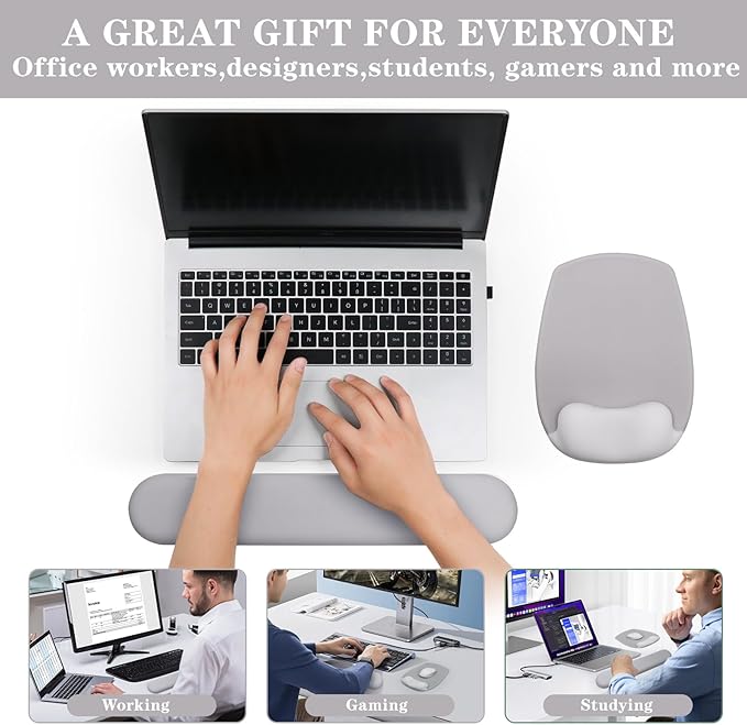 Wrist Rest Support for Mouse Pad and Keyboard Set, Ergonomic Gel Computer Keyboard Wrist Rest with Memory Foam for Long Hours of Work, Gaming, Studying-Relieve Wrist Pain (Light Grey)