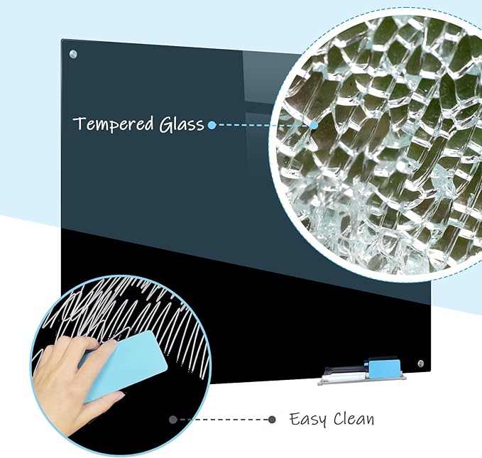 Magnetic Black Glass Board with Eraser Frameless Tempered Glass Dry Erase Blackboard with Marker Tray for Interactive Office, Wall Mounted Frosted Black Glass Board, 48" x 36"