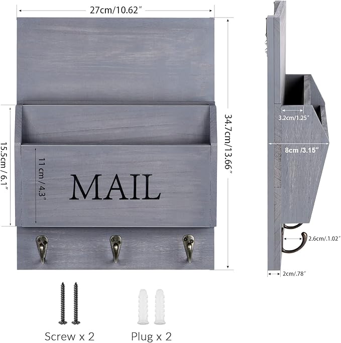DLQuarts Mail Organizer with Key Holder for Wall Decorative Mail Sorter Wall Mounted, Wooden Mail Holder with 3 Hooks, Gray