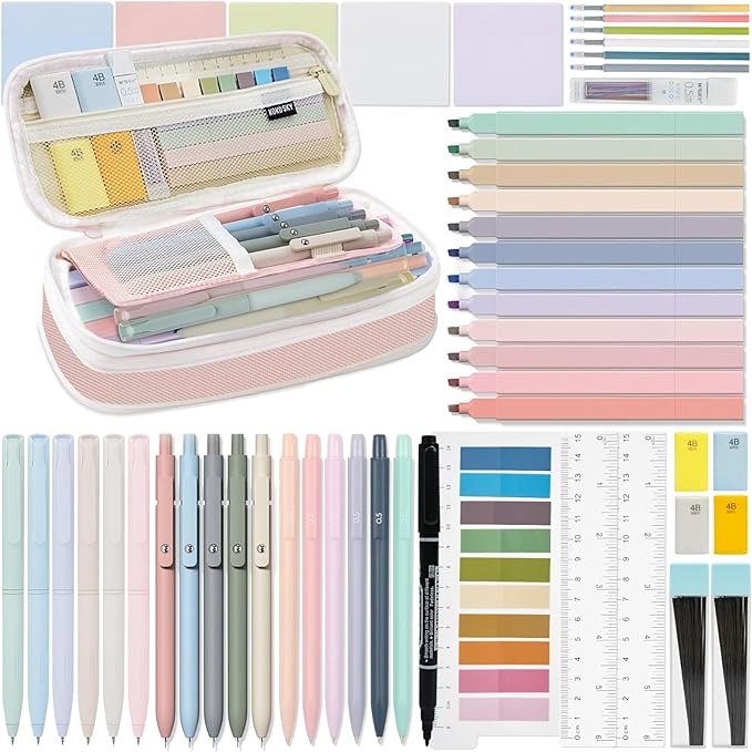 HRFGWDD 52 PCS Aesthetic School Supplies with Highlighters, Mechanical Pencils, Color Ink Gel pens, Pencil Case, Bible Study Supplies, Pens Pencils and Highlighters Set, Stationary Set for Student