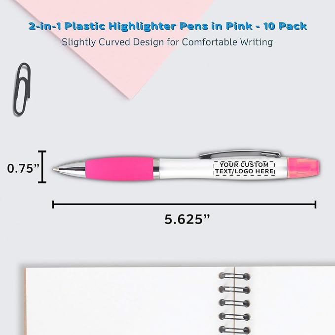 DISCOUNT PROMOS Personalized Plastic Highlighter Pens - 10 pack - Customizable Text, Logo - Pink