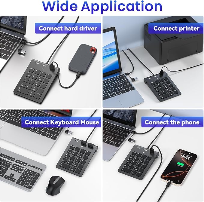 2-in-1 Number Pad & USB Hub with USB-C and USB-A Cables, 15° Ergonomic Wired Numpad with 3 USB 2.0 Ports , Number Keypad for Laptop/iPad/MacBook/PC/Windows/MacOS,No Adapter Needed USB Number Keypad