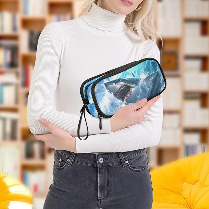 Shark Blue Ocean Wave Pencil Case Box Boys Girls Large Pencil Pouch with Zipper Compartments Big Capacity Stationery Pen Bag Organizer for Kids Teens Adults School