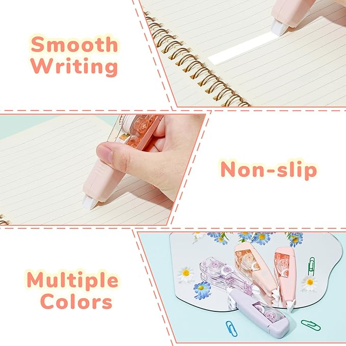 Temiary 3 Pcs Correction Tapes with 3 Pcs Extra Refills, Aesthetic White Pull Out Tape, Easy Grip & Carry, Works with Multiple Pens, Smooth for School & Office Workers (Yellow/Pink/Purple)