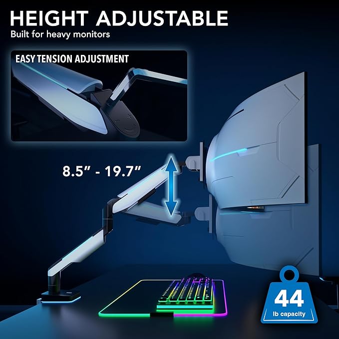 Mount-It! Heavy-Duty Ultrawide Monitor Arm up to 49" / 44 lb for Samsung Odyssey G9, 75x75 and 100x100 VESA Desk Mount for Widescreen Curved Monitors, Gas Spring, RGB Lights, Clamp and Grommet