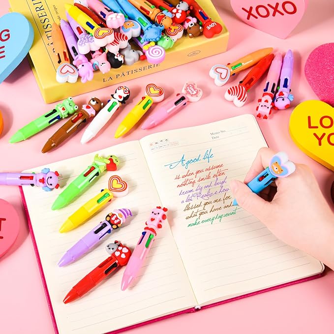 LiYiQ 100 Pcs Valentine's Day Animal Colorful Multicolor Pen in One Cartoon Cute Fun Cute Pens Bulk Kawaii Heart Capybara Frog Panda Shape Lovely Ballpoint Pens for Fun Gifts