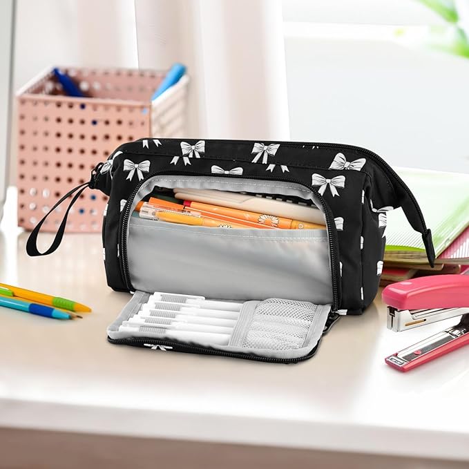 Ribbon Bow Black Pencil Case Pouch Big Capacity Pencil Bag Box Organizer Pen Case with Zipper Pencil Boxes for Girls Boys Women School College Office