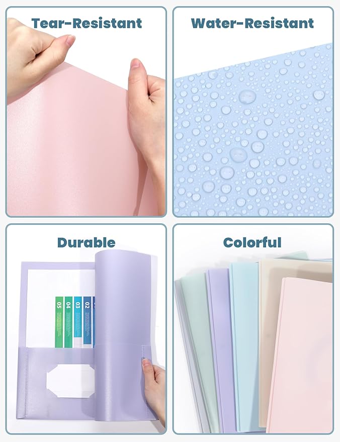 SUNEE 2 Pocket Folders with Prongs (12 Pack, Pastel Colors) Plastic Folders with Pockets and Prongs Fit Letter Size, Poly Folders with Pockets for School Office Home Business