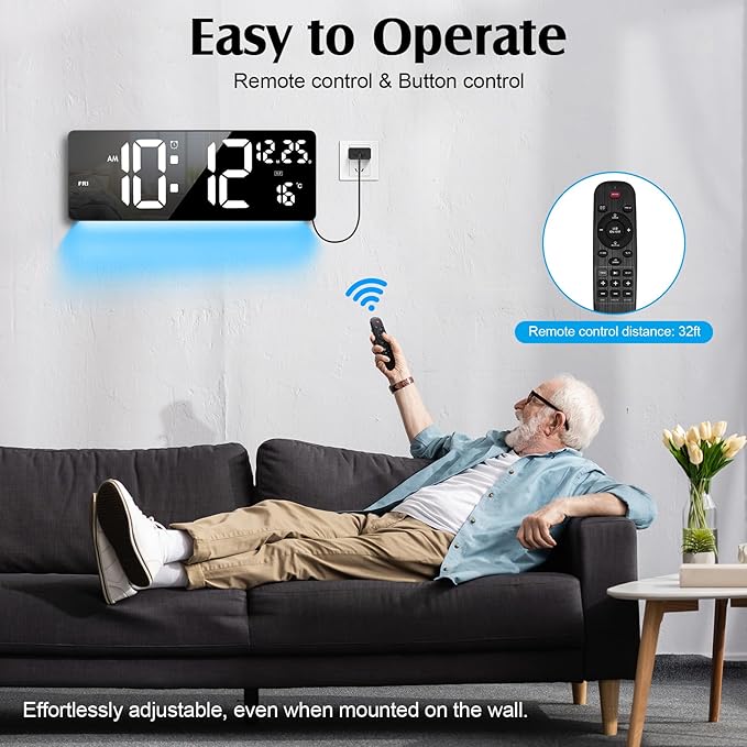 16.5" Digital Clock Large Display with Remote Control, 6-Color Night Light Digital Wall Clock with Dual Alarms, Temperature, Auto DST Large Clock for Living Room, Bedroom, Desk, Mounted, Gift